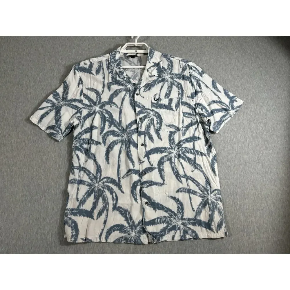 True Religion Hawaiian Shirt Mens‎ Size L Floral Rayon Short Sleeve Button Up